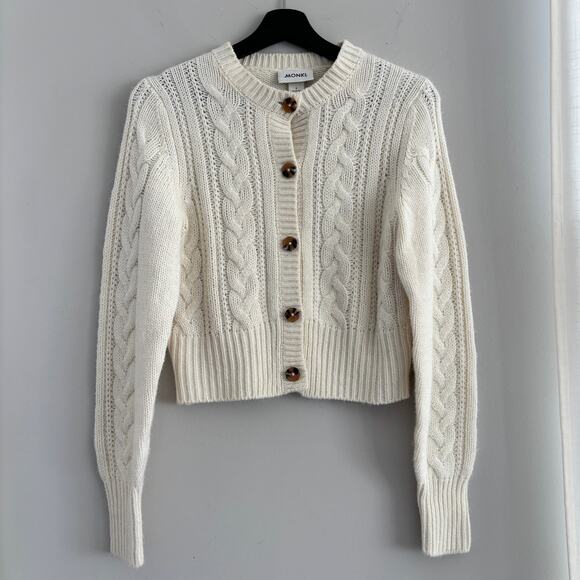 MONKL Cable Knit Cardigan Sweater Ivory with Button Detail Women's Size Small - Picture 7 of 10